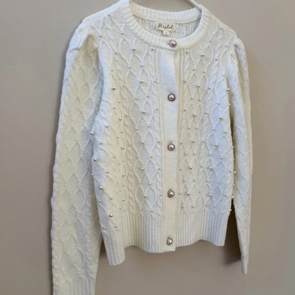 Marled Cable Knit Off White Cardigan Sweater with Pearl Details, Sz S